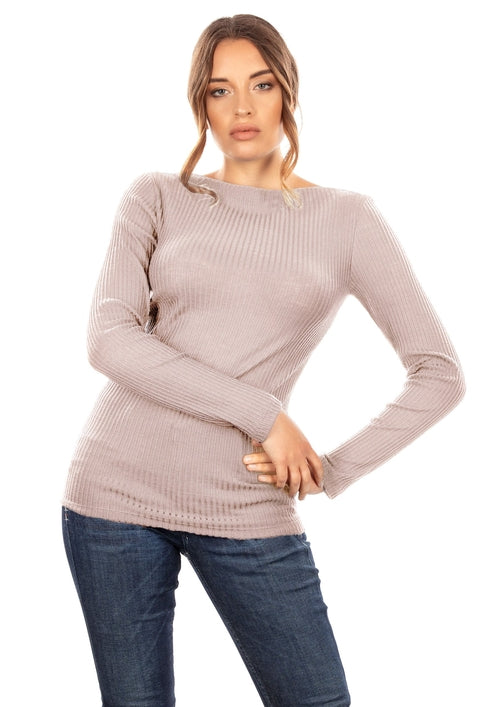 Byzantium Hemera Merino wool blend boat neck long-sleeve top from EGI Exclusive Collections, shown in a close-up view.