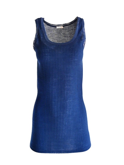 Byzantium Hemera EGI Exclusive Collections merino wool blend tank top with tulle trim, blue color, casual sleeveless blouse.