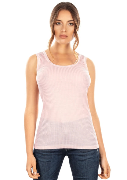 Byzantium Hemera Merino wool blend tank top with tulle trim, stylish tops and blouses for a chic look.