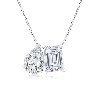 AGI Certified lab-grown emerald-cut and pear-shaped diamond two-stone pendant in 14K white gold, featuring 1ctw or 2ctw diamonds.