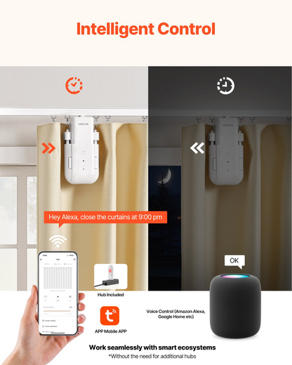 Start2Finish VEVOR automatic curtain opener 2-pack with remote, app control, and hub for smart Roman rods and U/I rails.