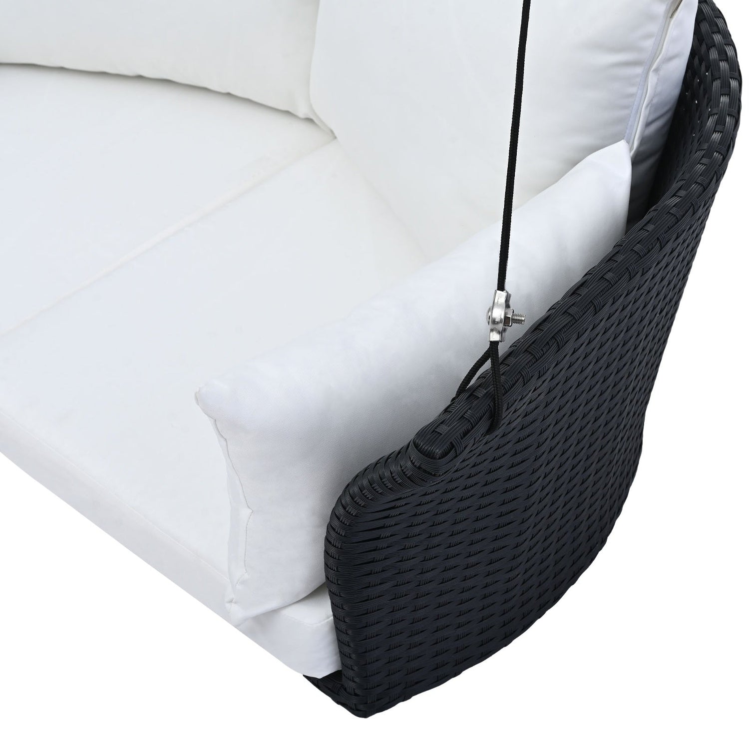 Black wicker hanging porch swing for 2, Carmine Juneberry LuneluX_Home garden rattan swing with white cushions.