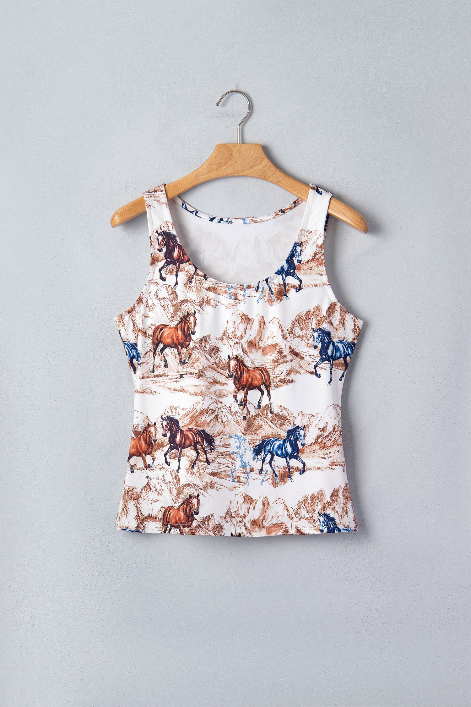 Women’s Western Horse scoop neck tank top by Byzantium Bay, lightweight sleeveless top with horse print design.