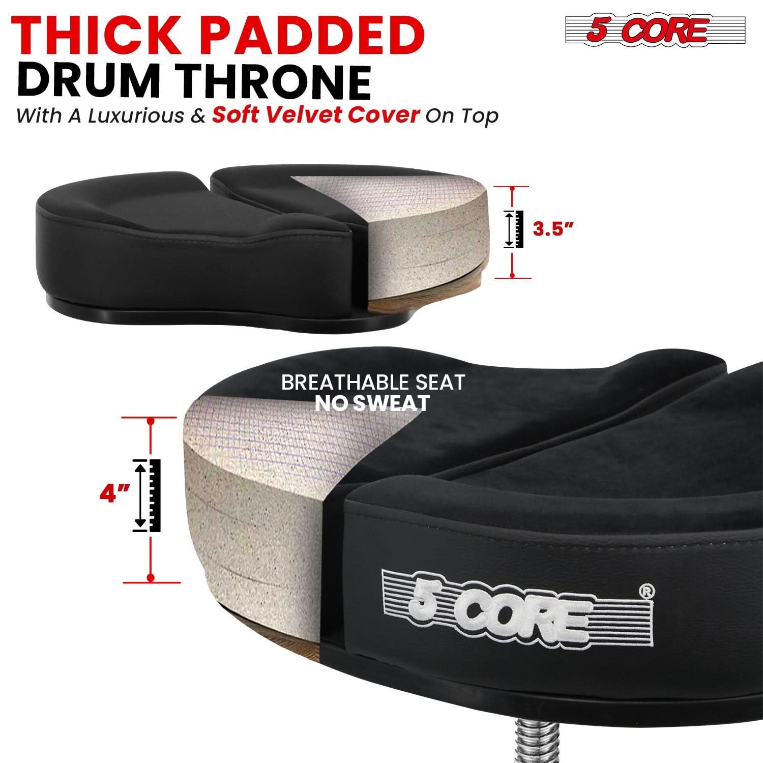 Start2Finish 5 Core Drum Throne with 4" padded seat, split spine support, four-legged design, and 441lb capacity for drummers