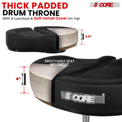 Start2Finish 5 Core Drum Throne with 4" padded seat, split spine support, four-legged design, and 441lb capacity for drummers