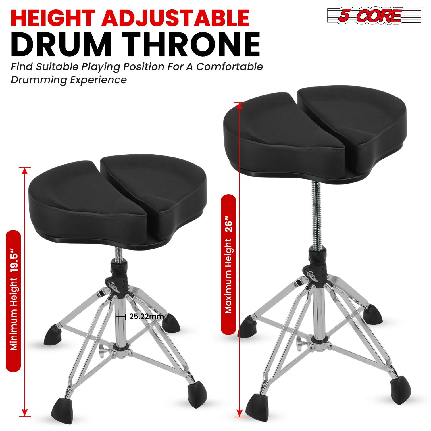 Start2Finish 5 Core Drum Throne with 4" padded split spine support, 4-legged design, and 441 lb capacity for drummers.