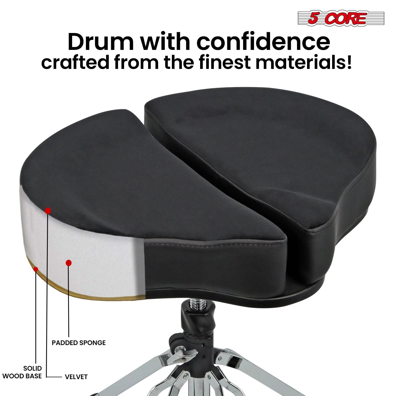 Start2Finish 5 core drum throne with 4-inch padded seat, split spine support, four legs, and 441 lb capacity for drummers.