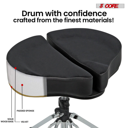 Start2Finish 5 core drum throne with 4-inch padded seat, split spine support, four legs, and 441 lb capacity for drummers.