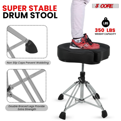 Start2Finish 5 Core Drum Throne with 4-inch padded split spine support, 4-leg design, and 441-lb capacity for drummers.