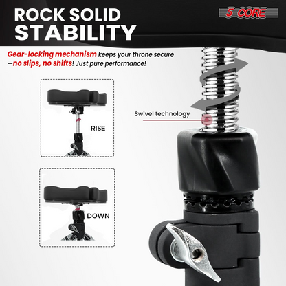 Start2Finish 5 Core Drum Throne with 4" padded seat, split spine support, 4-leg design, and sturdy build for drummers.