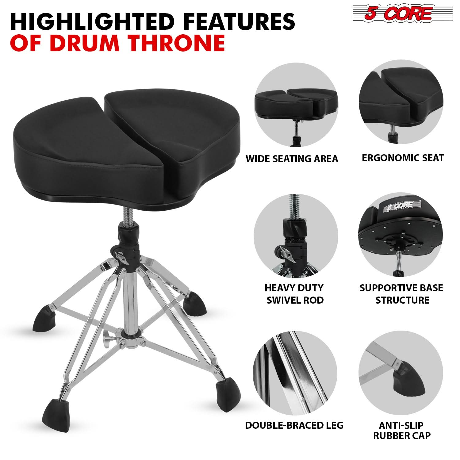 Start2Finish 5 Core Drum Throne with 4" padded seat, split spine support, 4-leg design, and 441Lb capacity for drummers.
