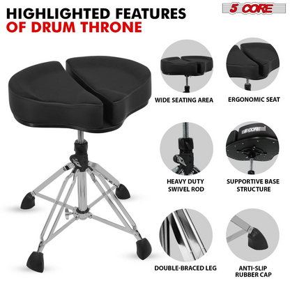Start2Finish 5 Core Drum Throne with 4" padded seat, split spine support, 4-leg design, and 441Lb capacity for drummers.