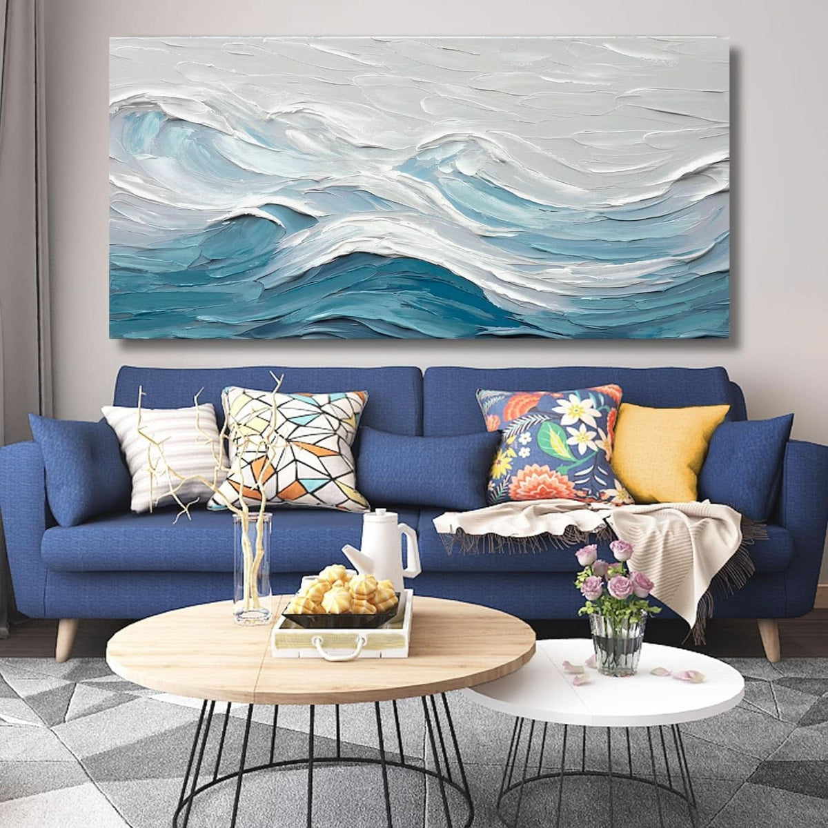 Blue White Ocean Abstract Canvas Artwork 20x40 Inches