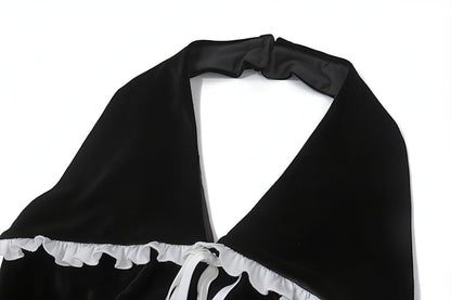 Backless suede halter dress with flounce trim and lace-up back by Carmine Juneberry, slim-fit design for women.