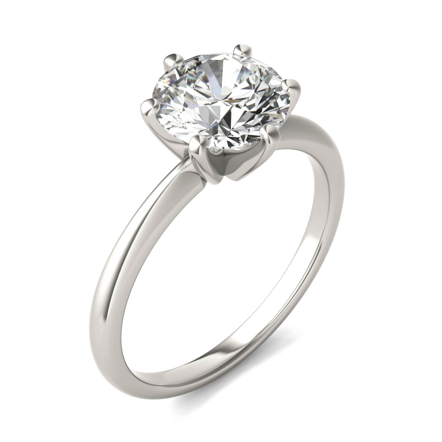 Round lab-grown diamond solitaire engagement ring in 14K white gold with six prongs, G-VS clarity, AGI certified.
