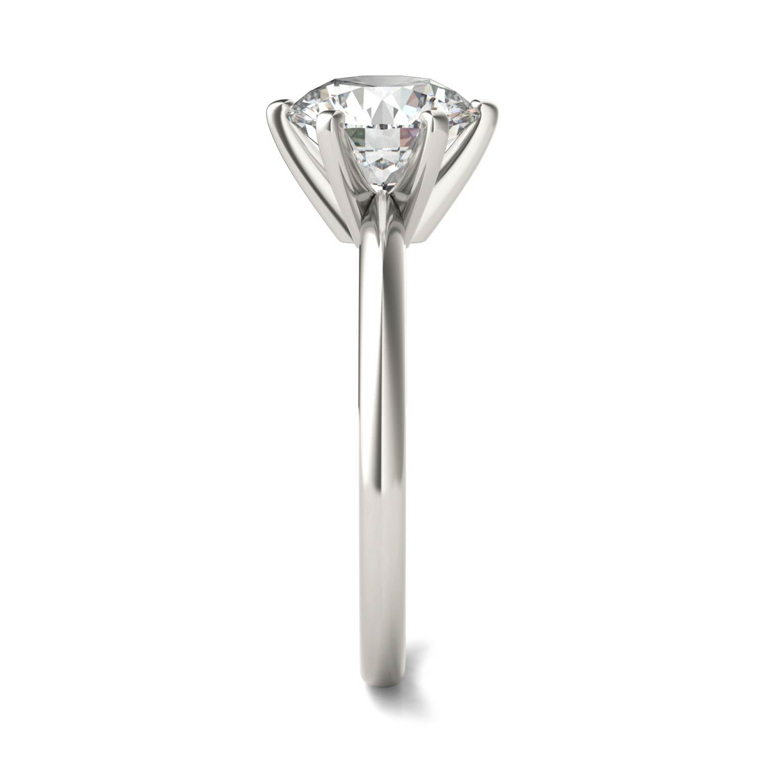 Round lab-grown diamond solitaire engagement ring in 14K white gold with six prongs, G-VS clarity, AGI certified.
