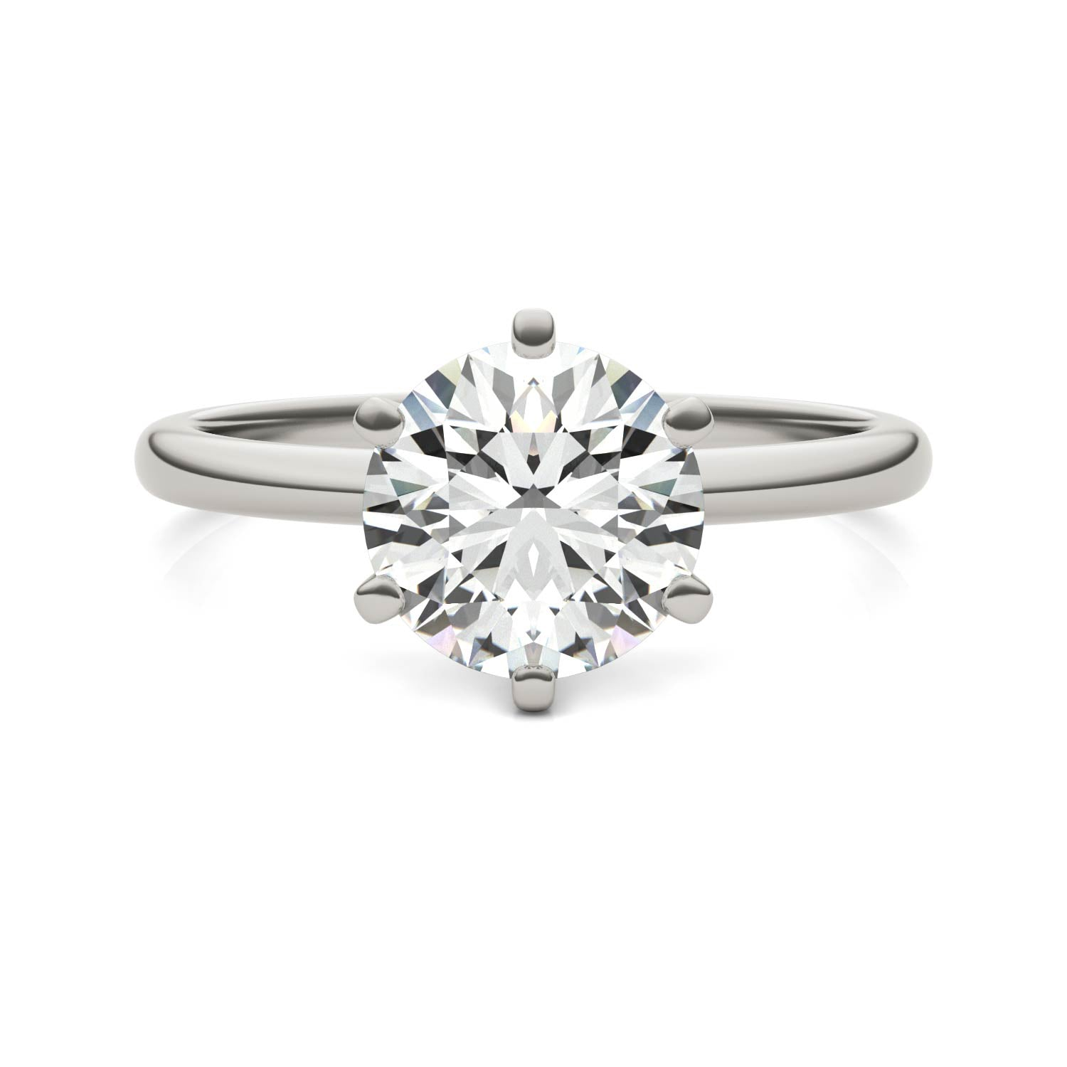 Round lab-grown diamond solitaire engagement ring in 14K white gold with six prongs, G-VS clarity, AGI certified.