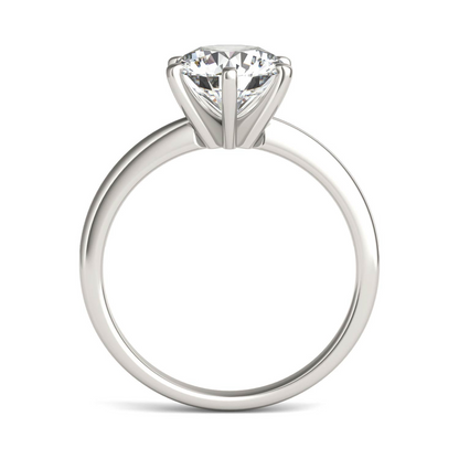 Round lab-grown diamond solitaire engagement ring with six prongs, G-VS clarity, set in 14K white gold.