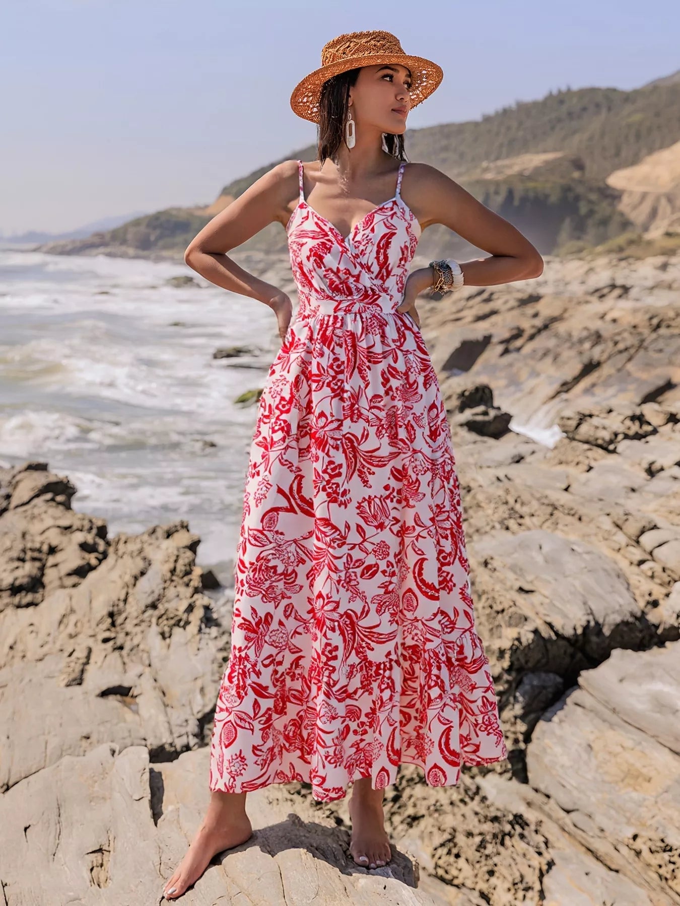 Printed spaghetti strap midi dress by Pear Daisy, lightweight fabric with floral pattern, perfect for casual summer wear.