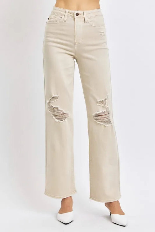 Pear Daisy Judy Blue high waist distressed wide leg jeans styled for home and garden, featuring a relaxed fit and distressed details.