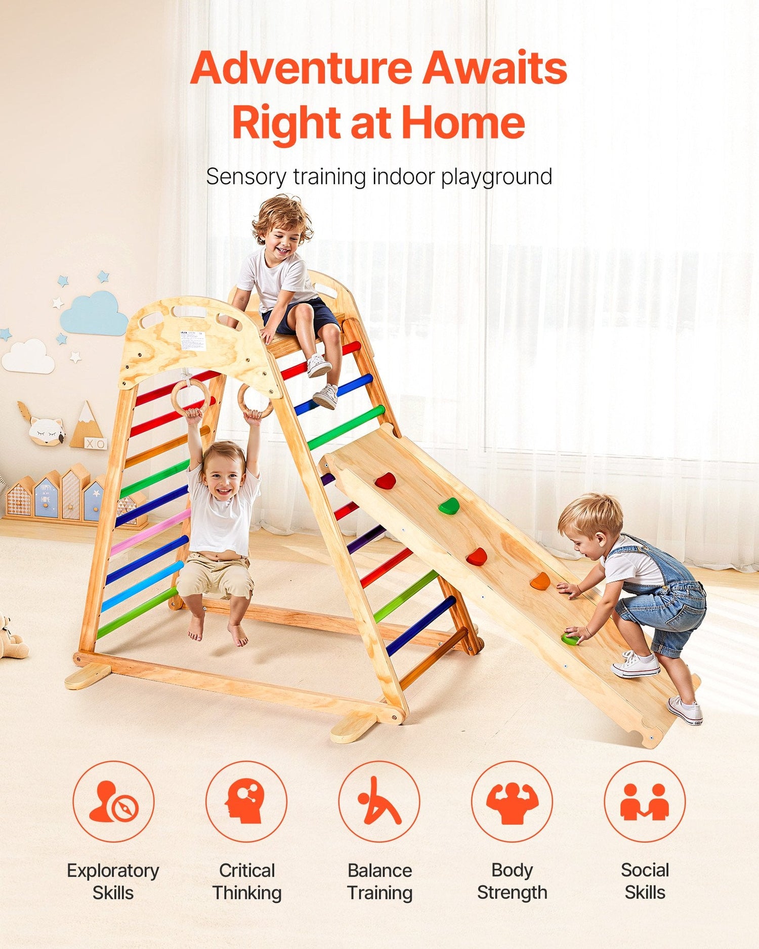 Pear Daisy 4-in-1 wooden indoor playground jungle gym for kids, featuring climbing, sliding, and play areas in a home and garden setting.