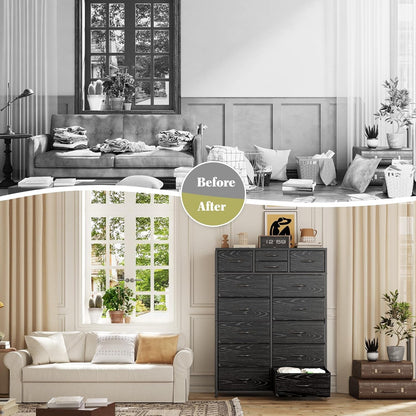 Black Fabric Dresser With Deep Drawers 52 Inches Tall