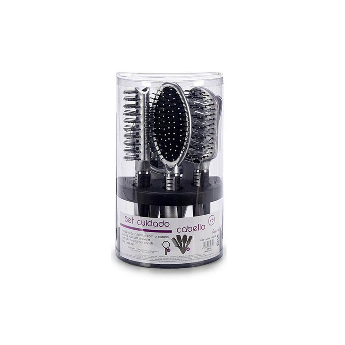 Set of black and purple plastic hair combs and brushes for haircare by Bigbuy, featuring various styling tools.