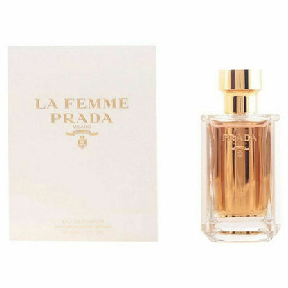 Women’s Prada EDP perfume bottle for bodycare, elegant design and floral fragrance, shown in a sleek glass container.