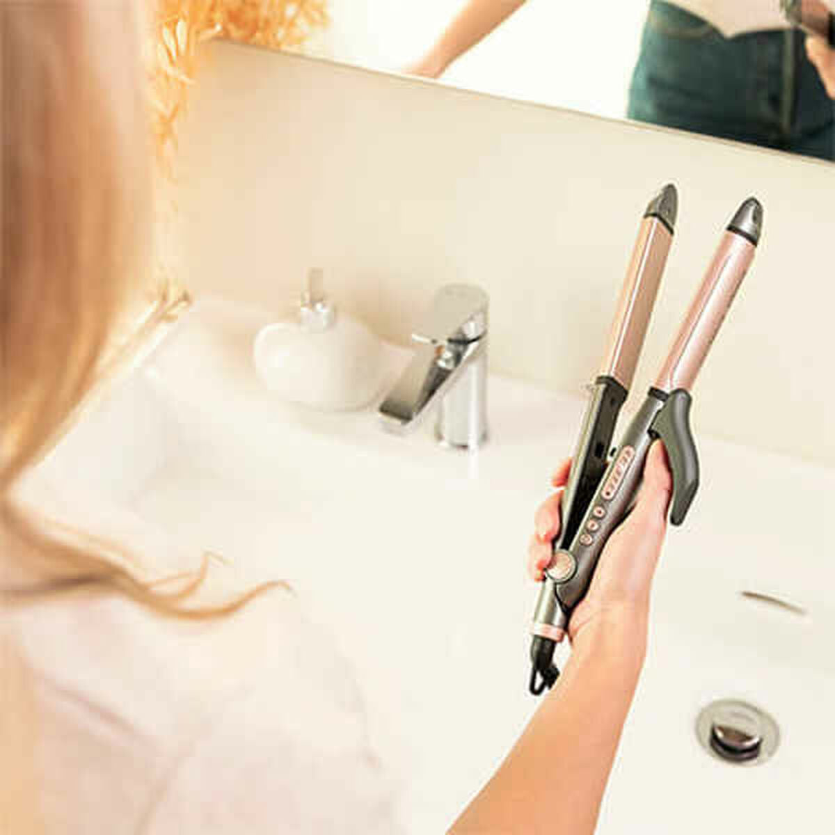 Ceramic hair straighteners in black and pink from Bigbuy, designed for smooth, sleek hair styling.