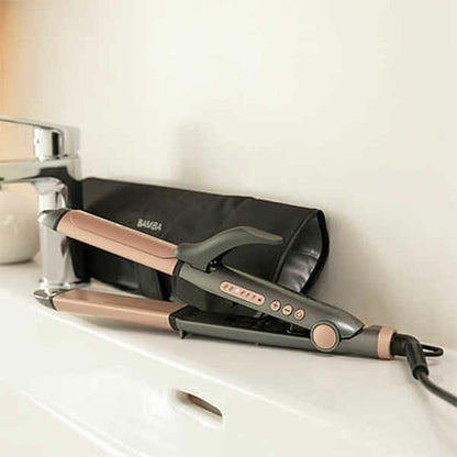 Ceramic hair straighteners by Cecotec in black and pink, designed for smooth, sleek hair styling.