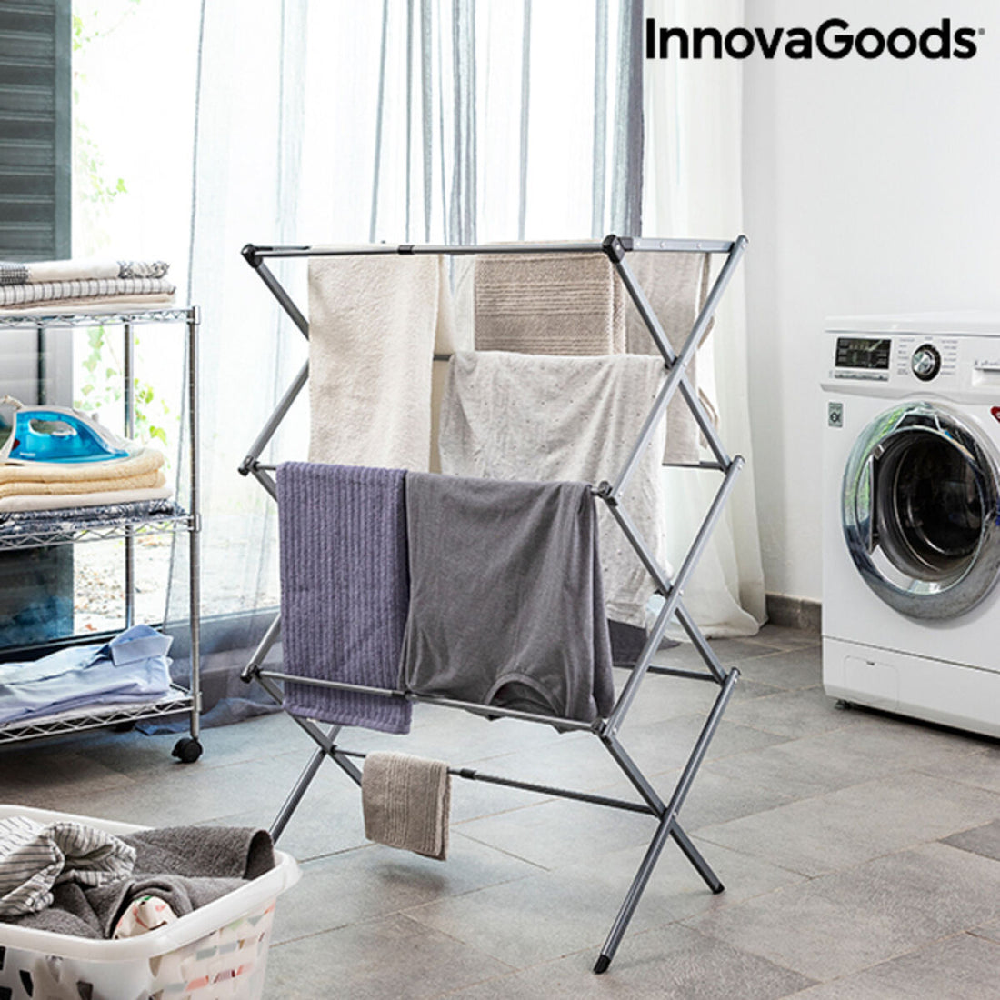 Bigbuy Cloxy metal clothes dryer with 3 extendable, foldable drying levels for home and garden use.