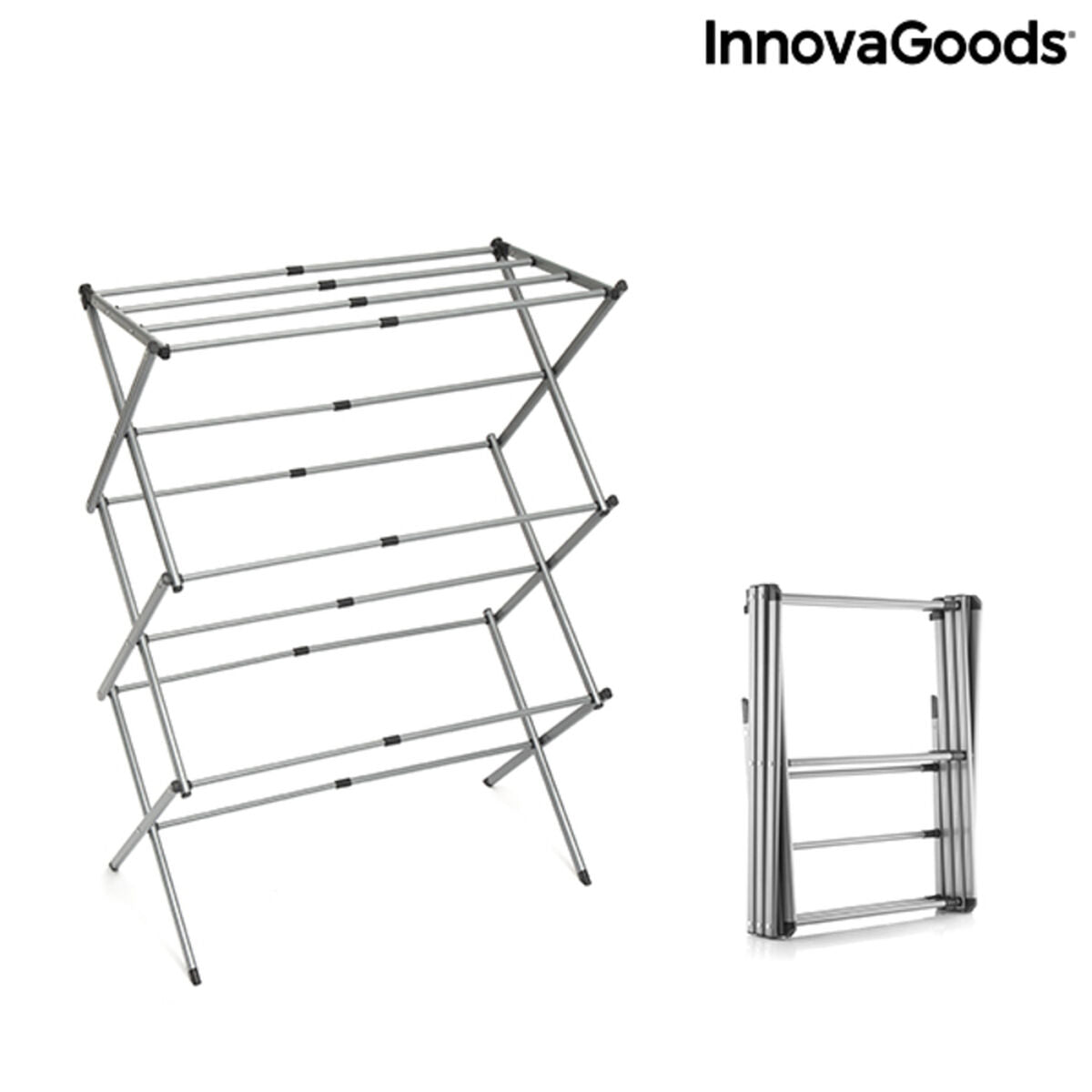 Extendable metal clothes dryer with 3 levels, shown in a home and garden setting, perfect for drying clothes efficiently.