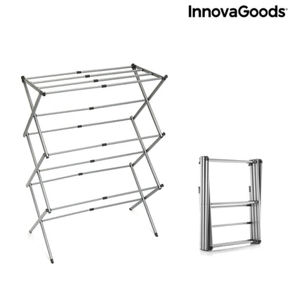 Extendable metal clothes dryer with 3 levels, shown in a home and garden setting, perfect for drying clothes efficiently.