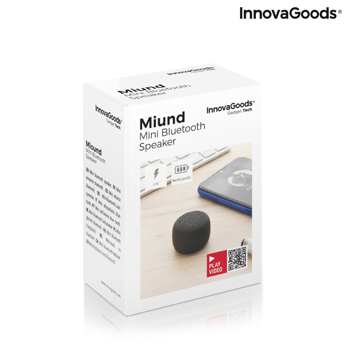 Rechargeable portable wireless mini speaker by Miund InnovaGoods, compact consumer electronics device with buttons and speaker grille.