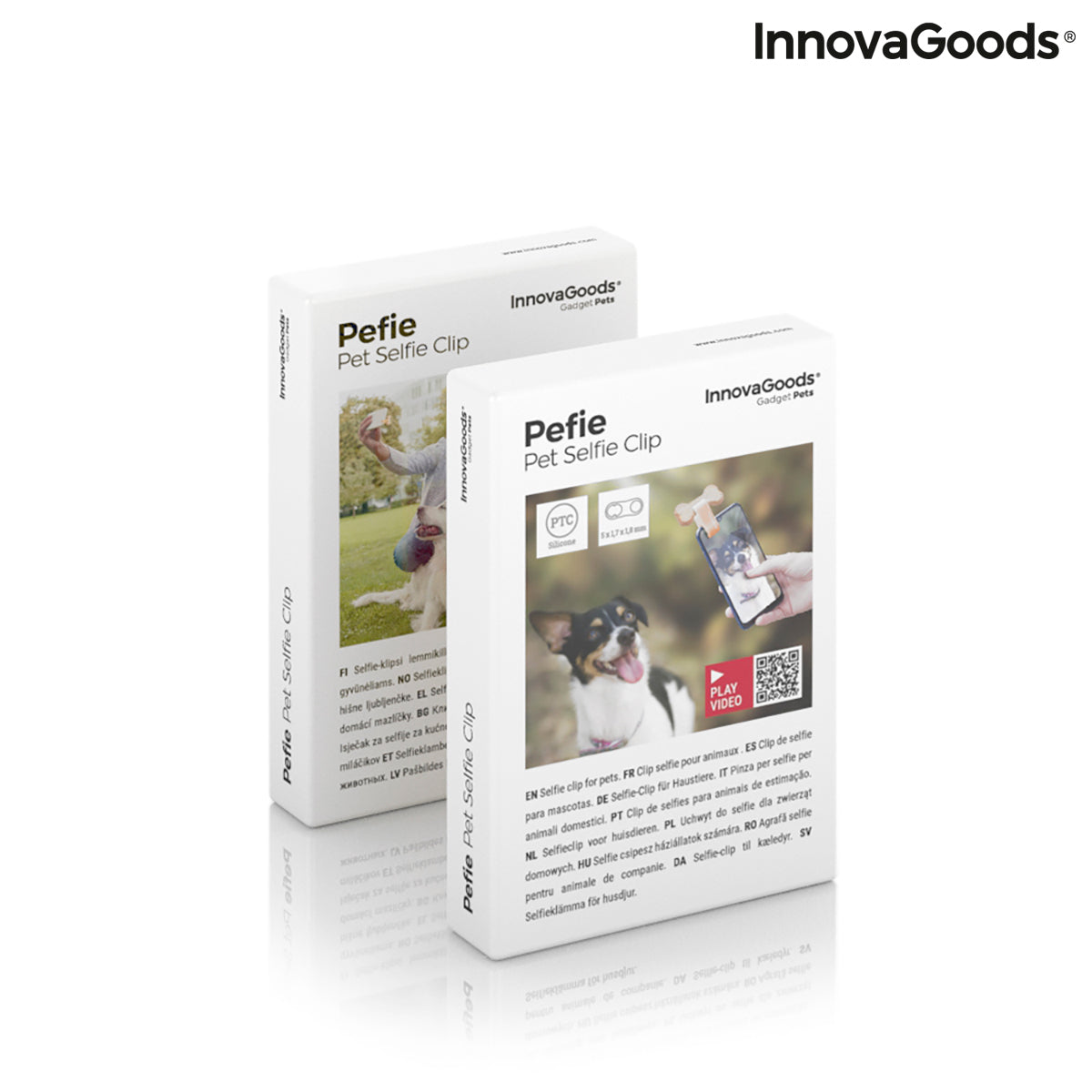 Pet selfie clip by Pefie InnovaGoods, a consumer electronics accessory for capturing photos of pets with a smartphone.
