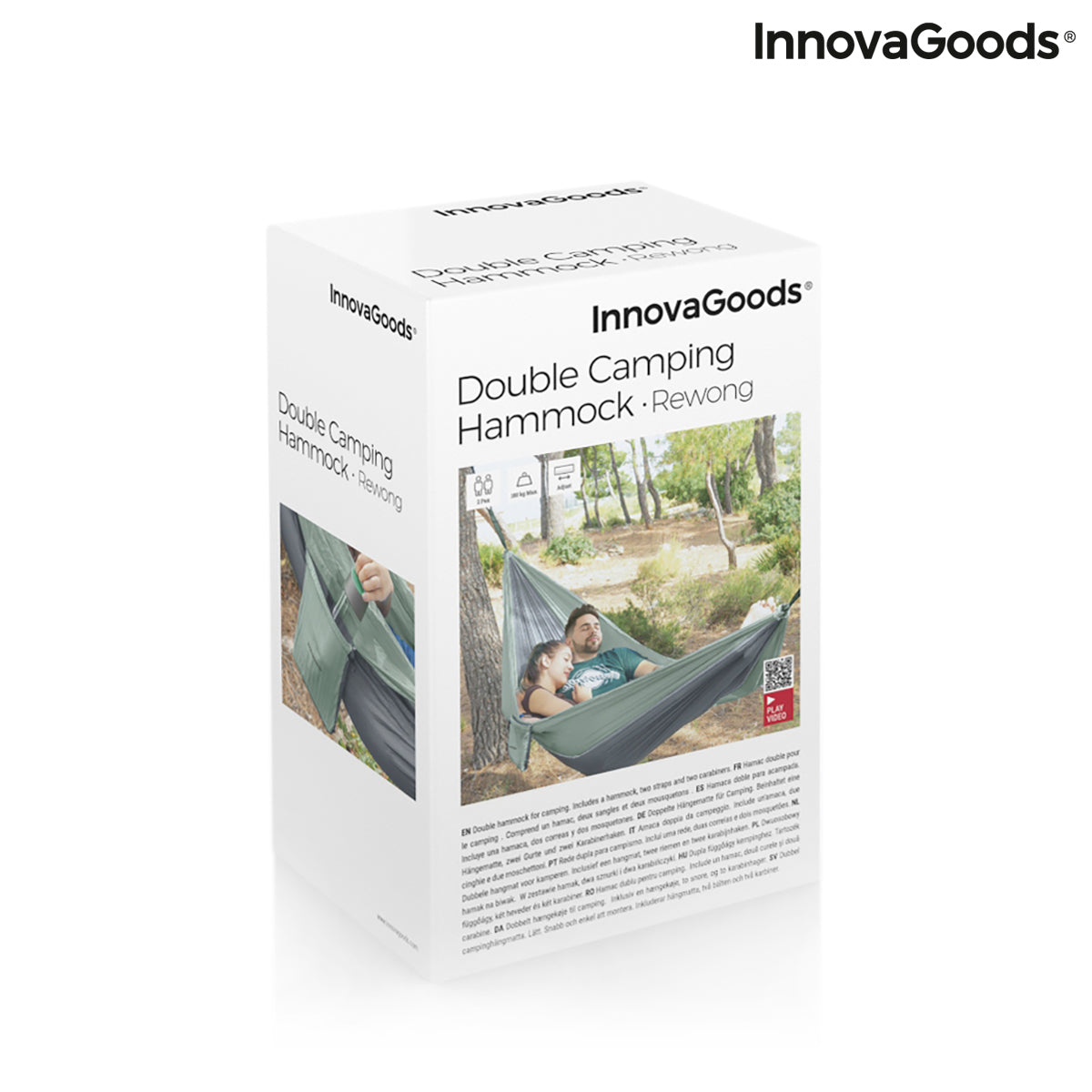 Double camping hammock by Bigbuy for outdoor relaxation, shown hanging between trees with a blue fabric and sturdy ropes.