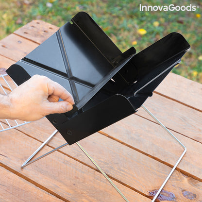Bigbuy Foldecue InnovaGoods mini folding portable charcoal barbecue for garden use, shown open with grill surface and side handles.