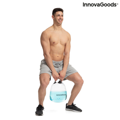 Water-filled Bigbuy kettle bell for fitness training, shown with an exercise guide, used for strength and workout routines.