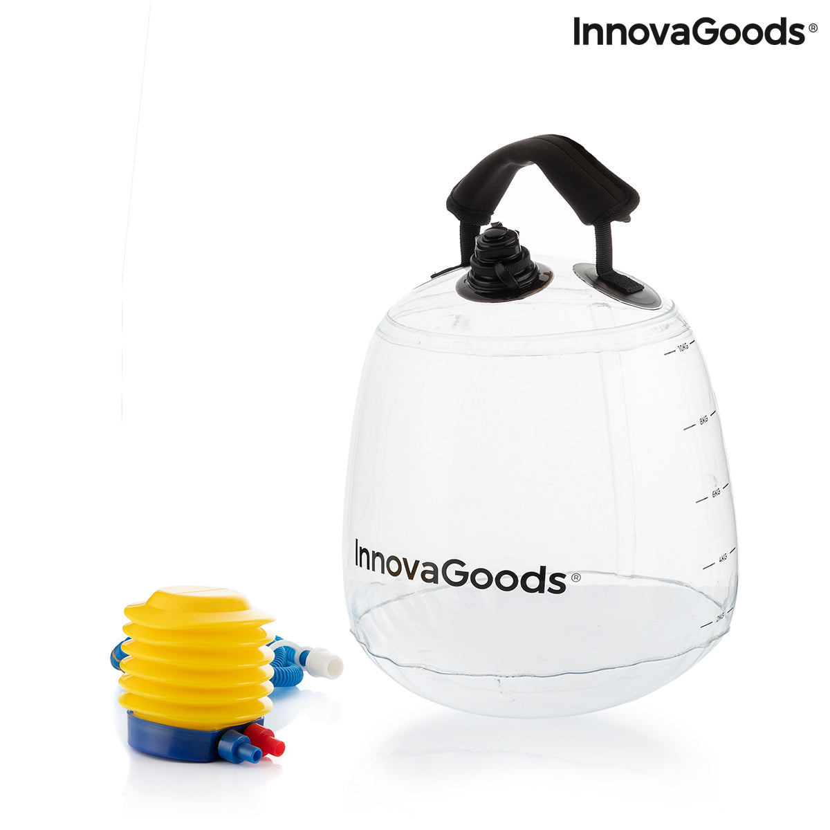 Bigbuy water-filled kettle bell for fitness training, shown with exercise guide, ideal for strength workouts and outdoor fitness routines.