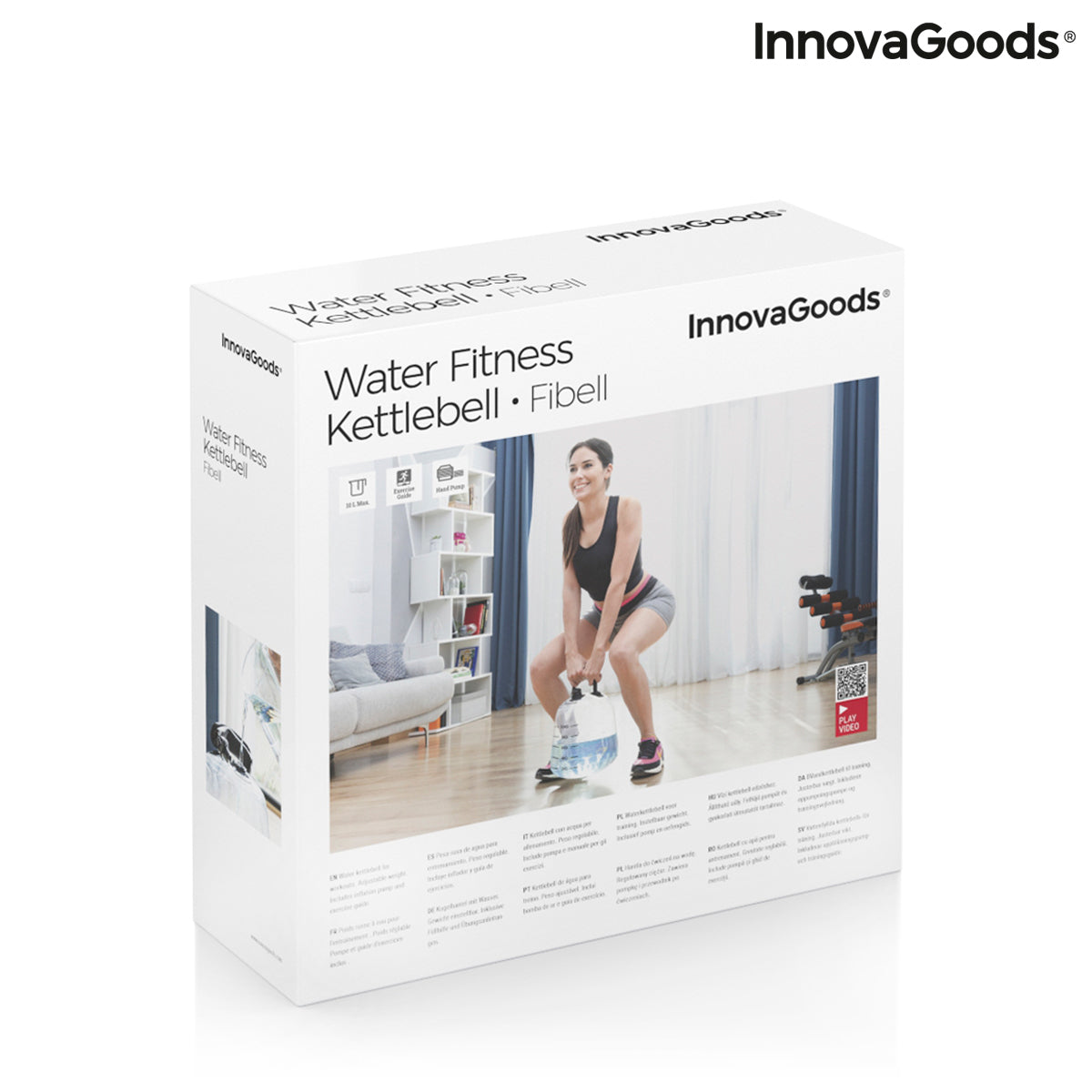 Water-filled Bigbuy kettle bell for fitness training with exercise guide, showing the adjustable weight and ergonomic handle.