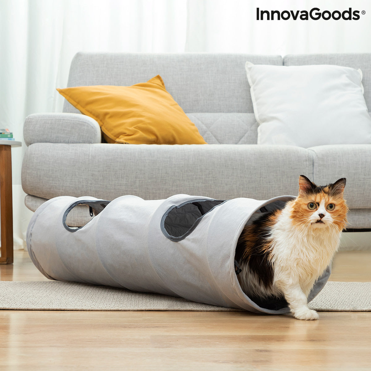 Collapsible pet tunnel by InnovaGoods for dogs and cats, lightweight and fun for play and exercise.