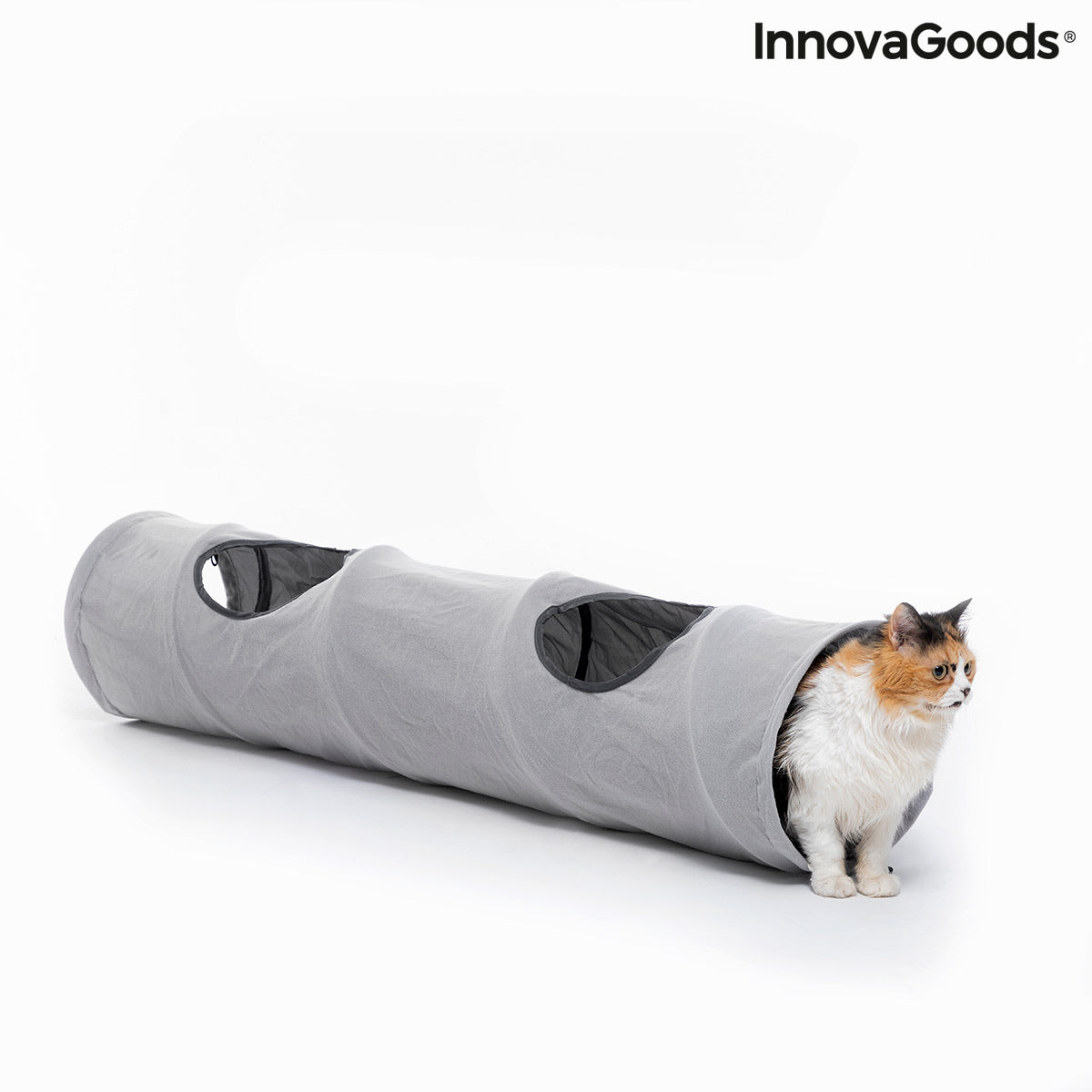 Collapsible pet tunnel by InnovaGoods for cats and small pets, made of lightweight, flexible material with fun design details.