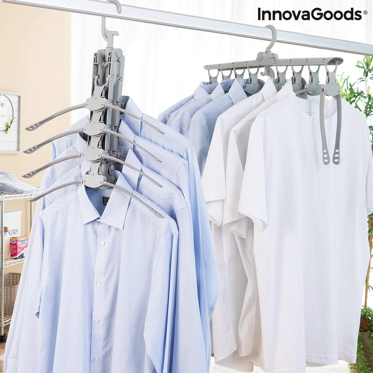 InnovaGoods 8-in-1 Multi Hanger Spavver for organizing clothes and accessories on a furniture rack.