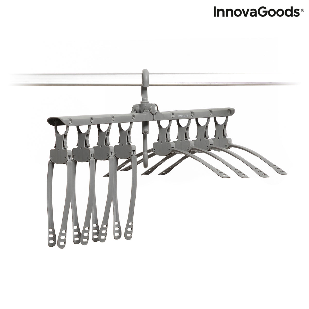 InnovaGoods 8-in-1 Multi Hanger Spavver for organizing clothes and accessories in a versatile furniture storage solution.