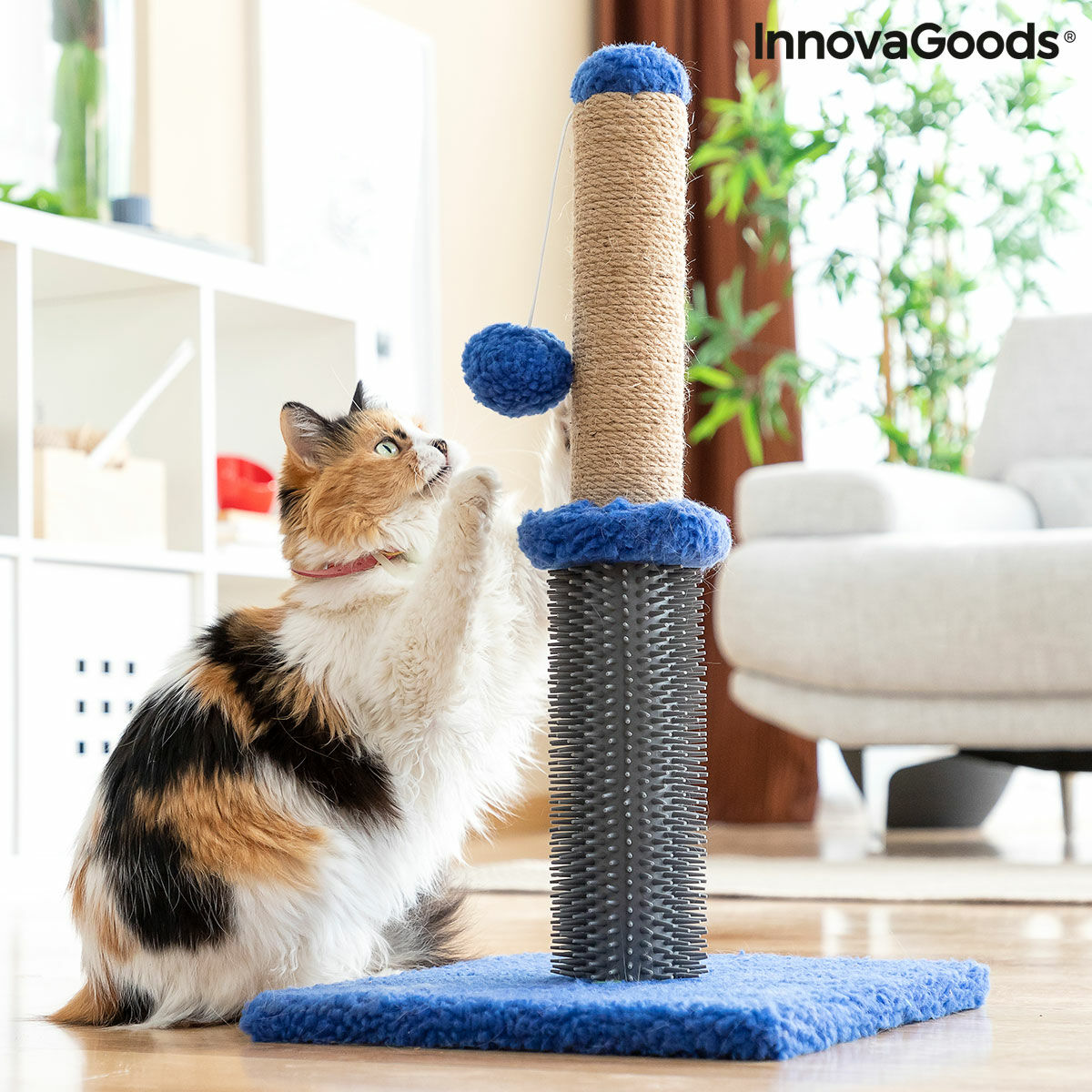 Bigbuy Miausage InnovaGoods cat scratching and massage post with a ball, featuring plush surface and sisal scratching area for pets.