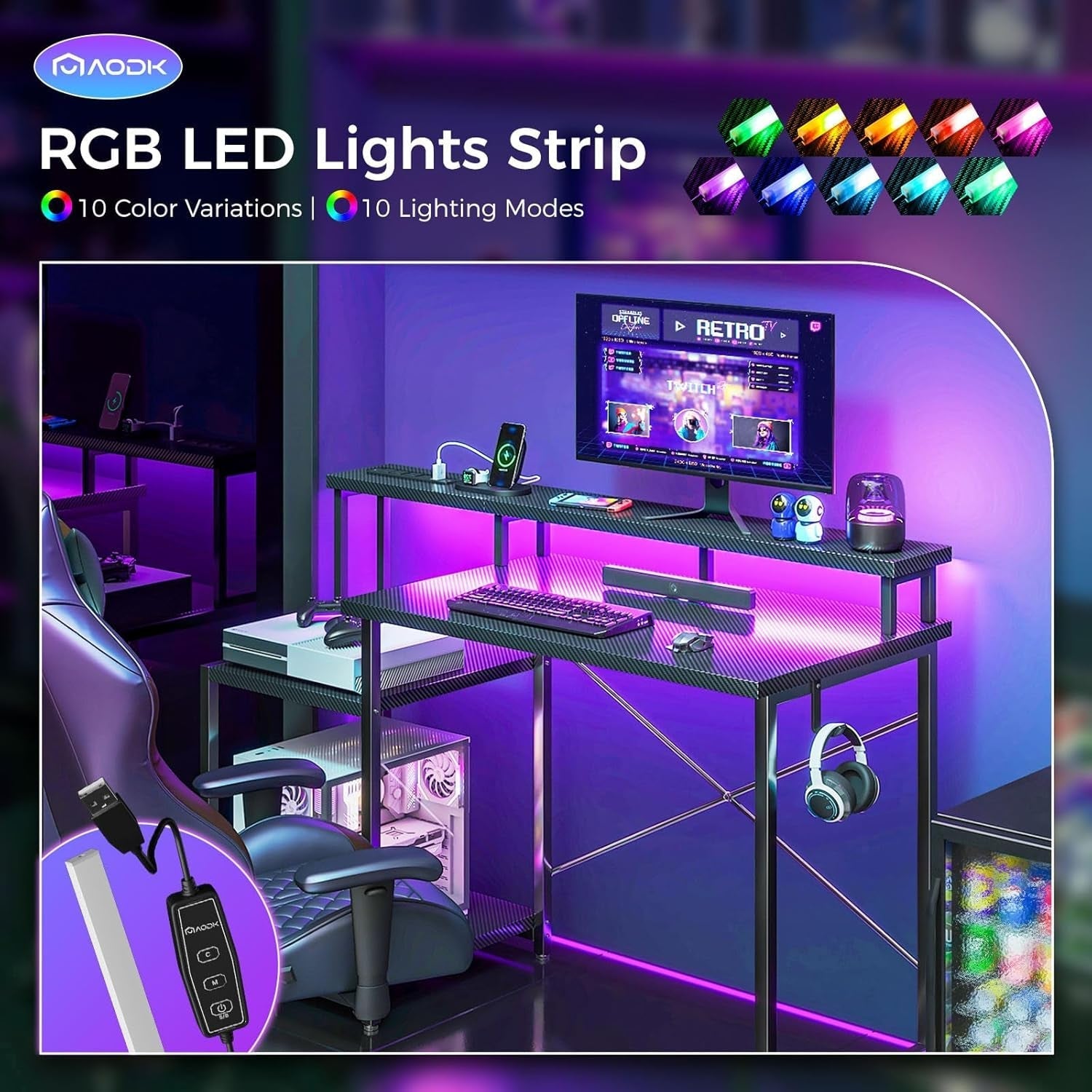 Peach Maple 48-inch LED gaming desk with built-in power outlet, shelves, and modern furniture design for gaming and workspace setup.