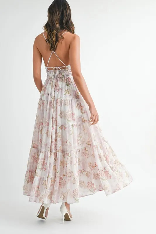 Pear Daisy floral print tiered cami maxi dress with a flowing design, perfect for summer wear.