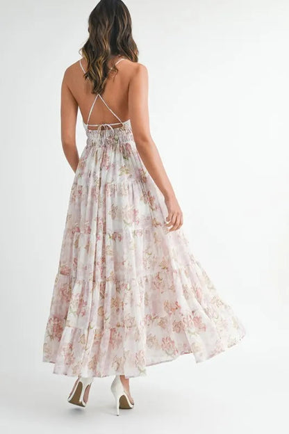 Pear Daisy floral print tiered cami maxi dress with a flowing design, perfect for summer wear.
