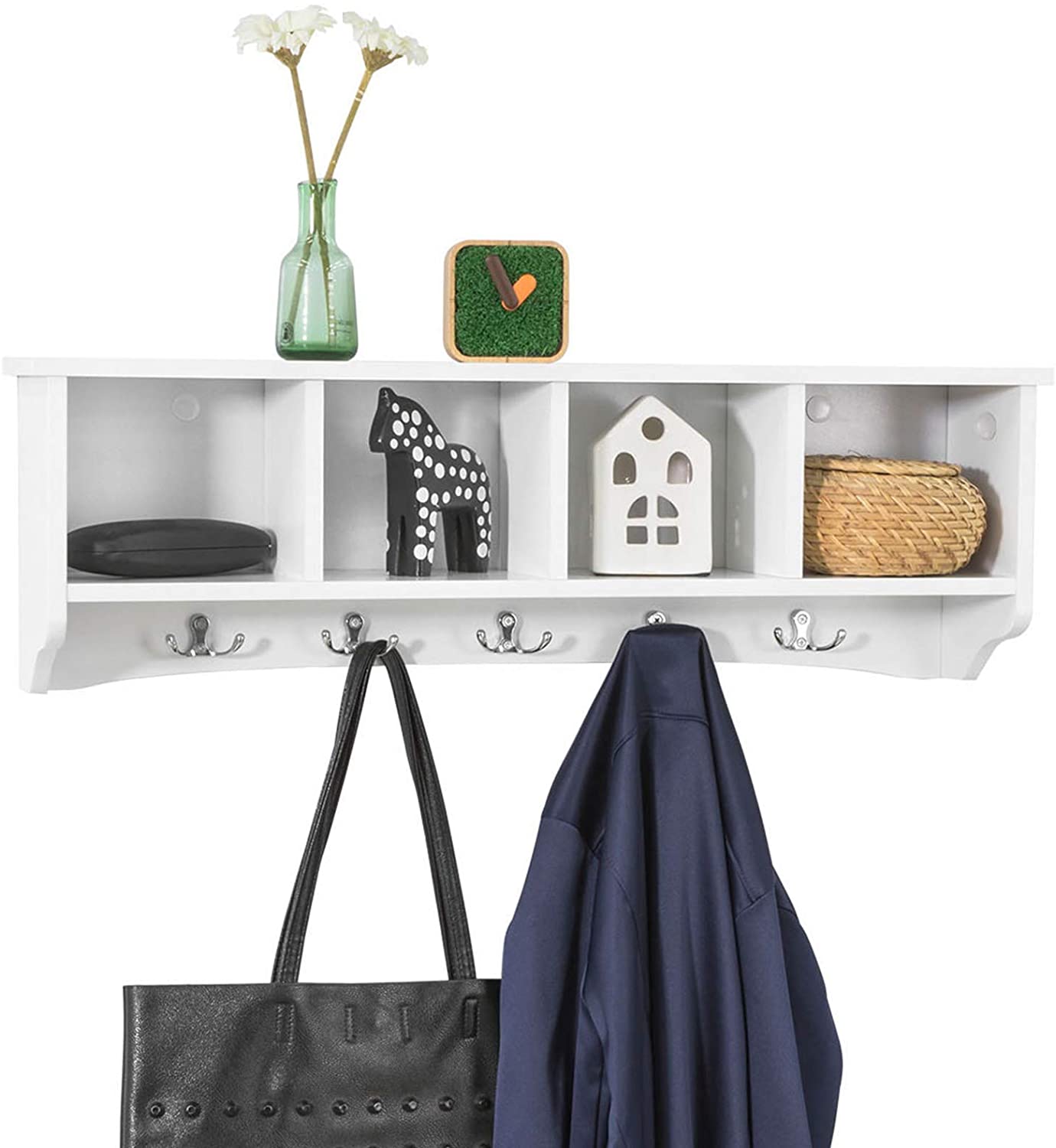 White wall shelf coat rack from Carmine Deianeira with hooks for hanging coats and accessories in a home and garden setting.