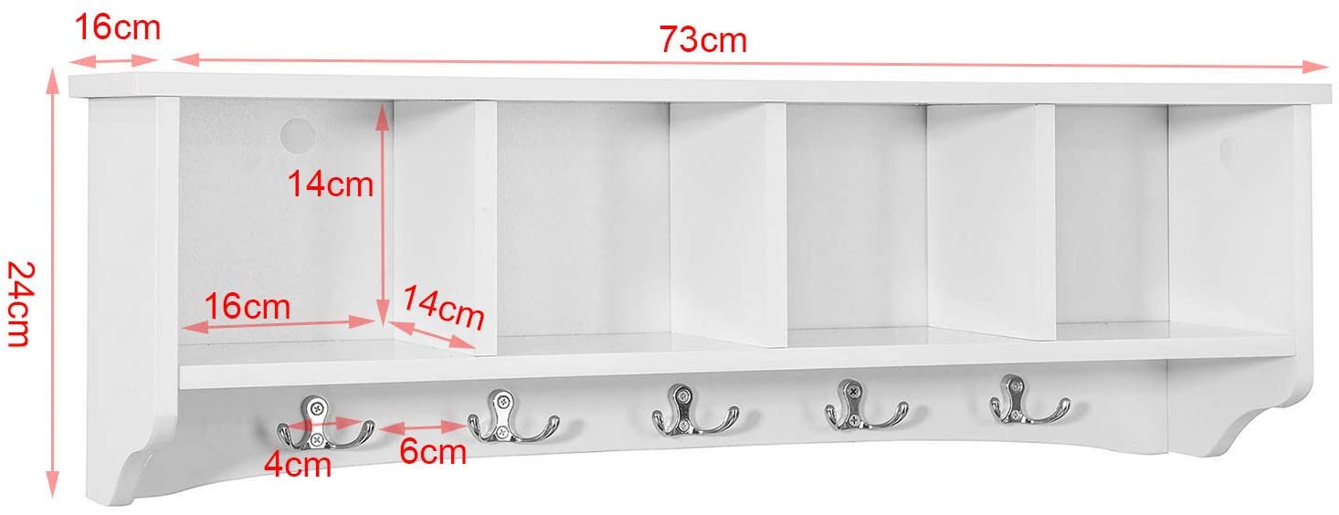 White wall shelf coat rack by Carmine Deianeira with hooks, mounted on a wall in a home and garden setting.